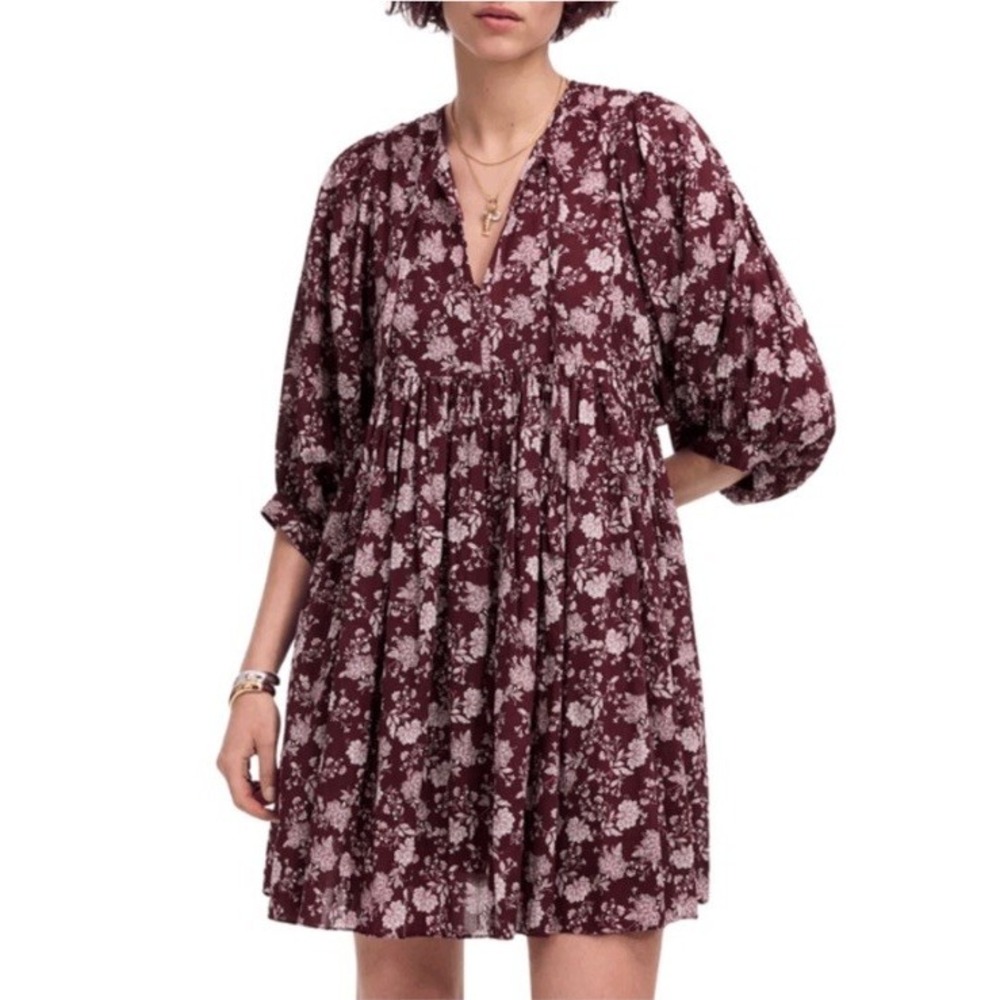 Madewell‎ Split Neck Puff Sleeve Floral Mini Dress Size XL Lightweight Summer